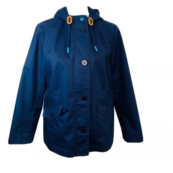 Talbots‎ Jacket Woman Medium Petite  Hood Full Zip Pockets Navy Blue Lightweight - Picture 1 of 11